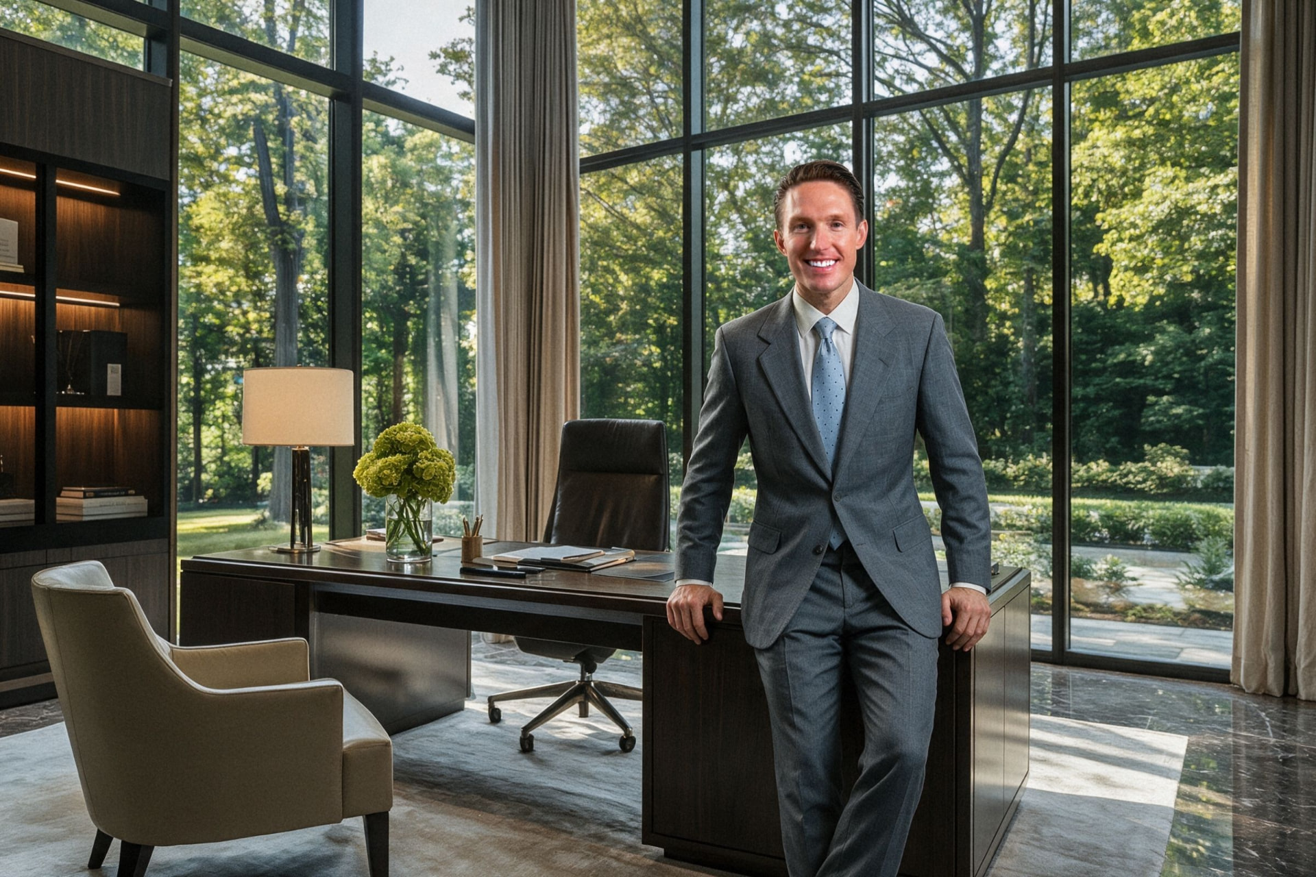 Mike Wilen in a modern executive office with floor-to-ceiling windows overlooking trees
