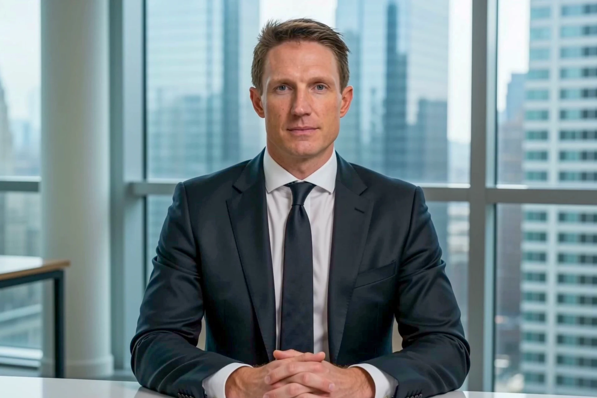 Professional in a dark suit seated at a conference table with a city skyline behind him
