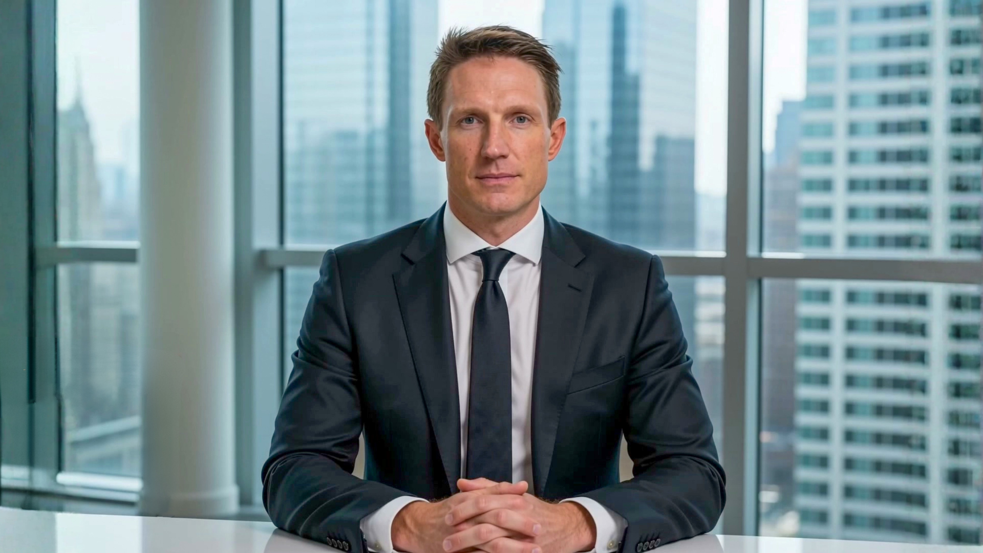Mike Wilen in a tailored suit at his office desk with the city skyline behind him